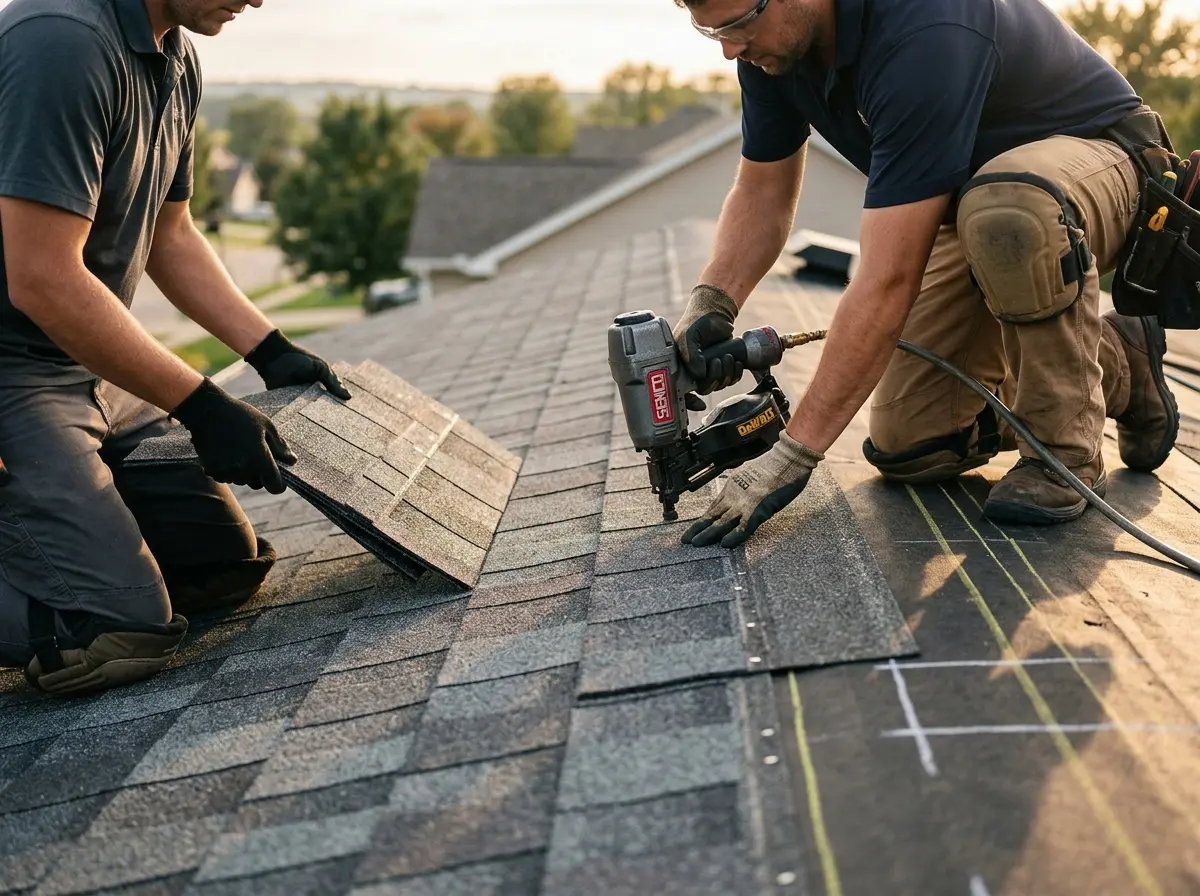 Professional roofer working on a residential roof in Eldorado at Santa Fe